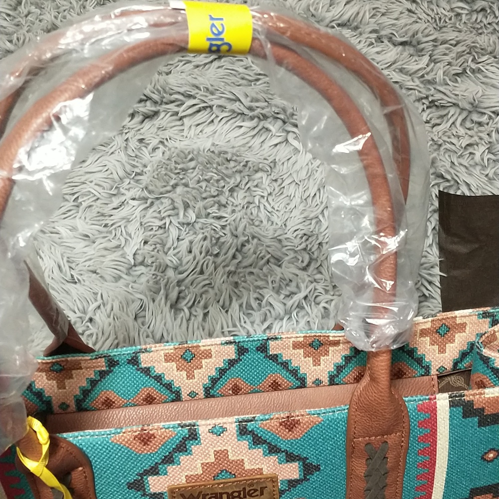 Wrangler Turquoise Aztec-Pattern Large Tote with Brown Trim - Picture 6 of 7
